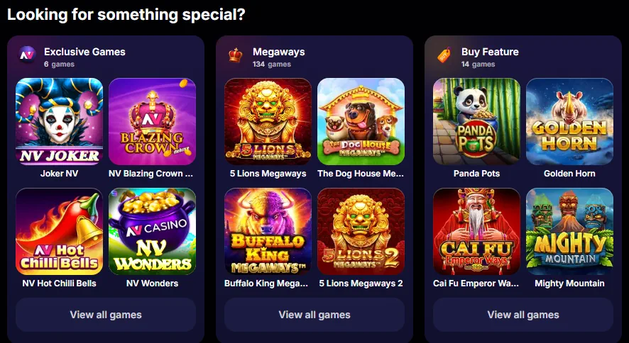 NV Casino spelbibliotheekcategorieën en uitgelichte gokkastminiaturen